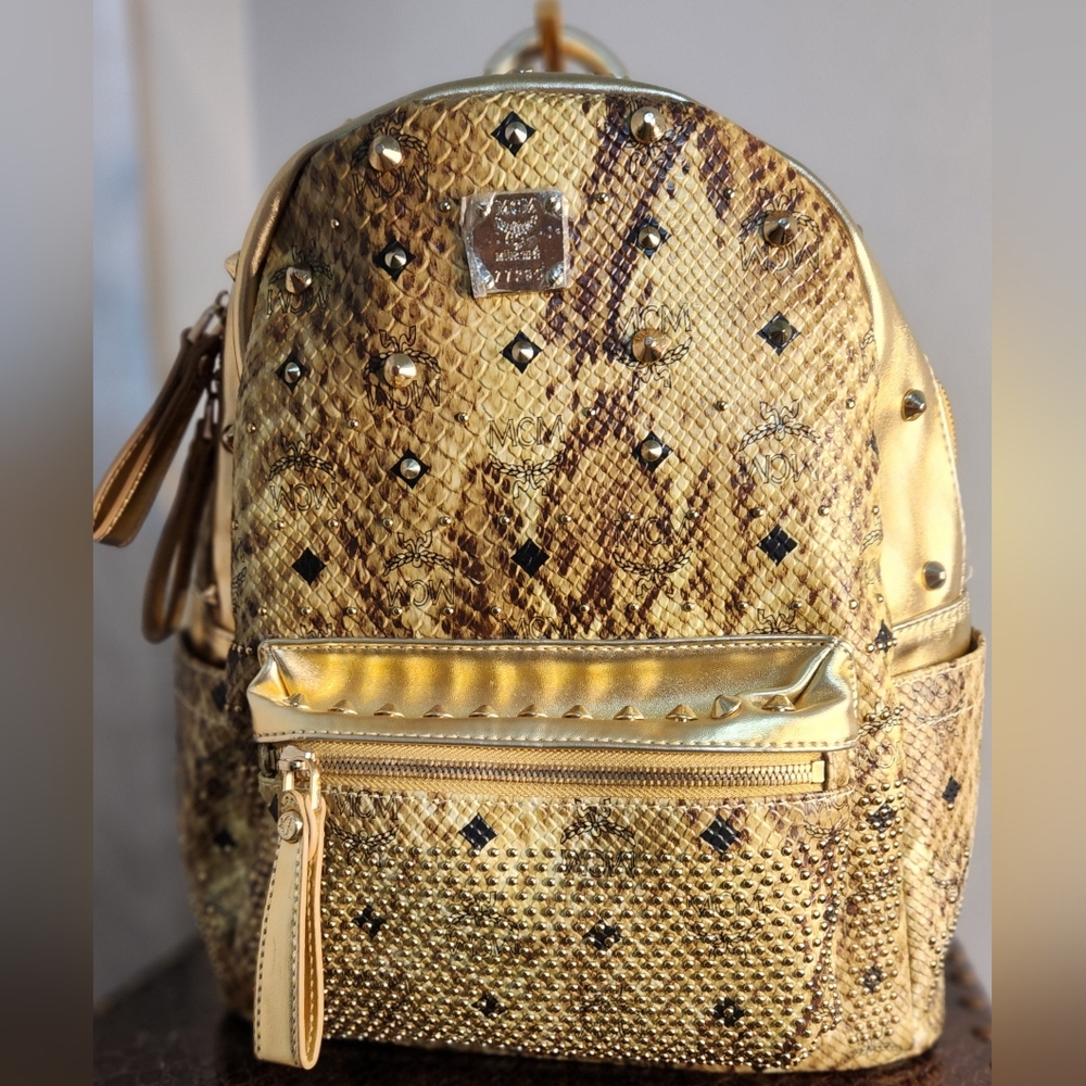 MCM Visetos Snakeskin Print Studded Stark Backpack